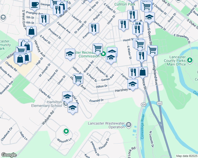 map of restaurants, bars, coffee shops, grocery stores, and more near 709 Garnet Avenue in Lancaster