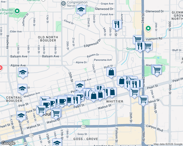 map of restaurants, bars, coffee shops, grocery stores, and more near 2355 23rd Street in Boulder