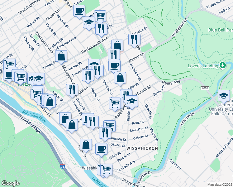map of restaurants, bars, coffee shops, grocery stores, and more near 462 Seville Street in Philadelphia
