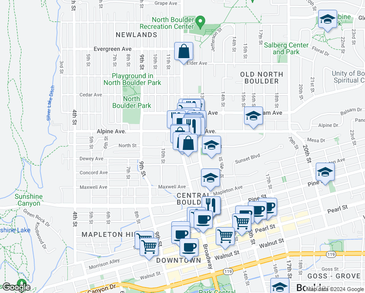 map of restaurants, bars, coffee shops, grocery stores, and more near 5757 North Street in Boulder