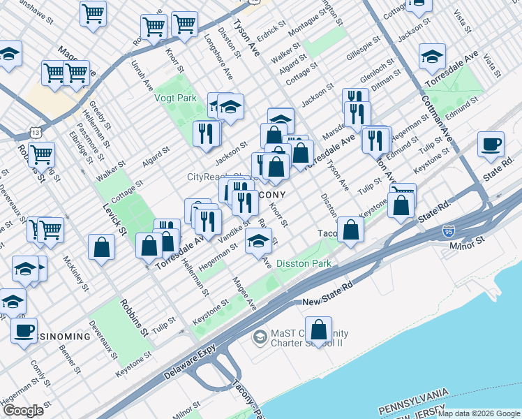map of restaurants, bars, coffee shops, grocery stores, and more near 6744 Vandike Street in Philadelphia