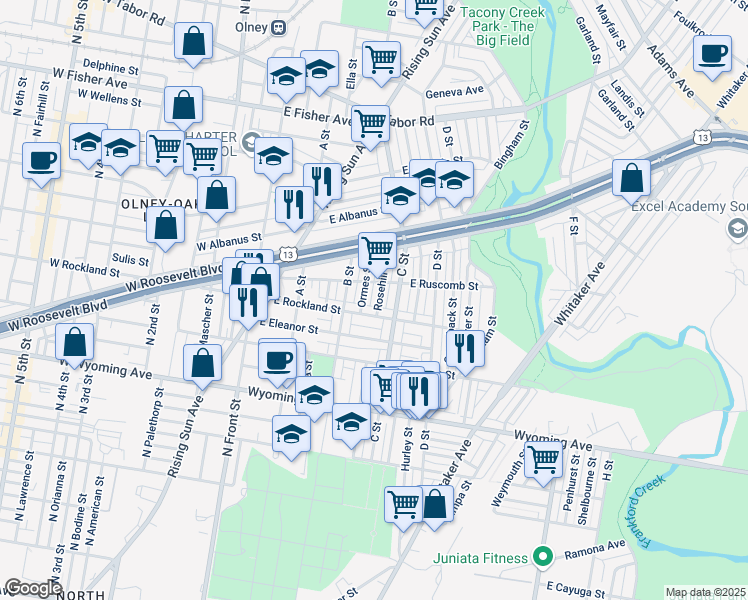 map of restaurants, bars, coffee shops, grocery stores, and more near 4922 Rosehill St in Philadelphia
