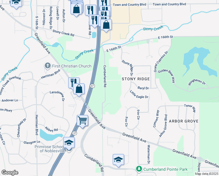 map of restaurants, bars, coffee shops, grocery stores, and more near 16332 Cumberland Road in Noblesville