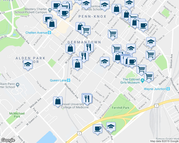map of restaurants, bars, coffee shops, grocery stores, and more near 5200 Morris St in Philadelphia