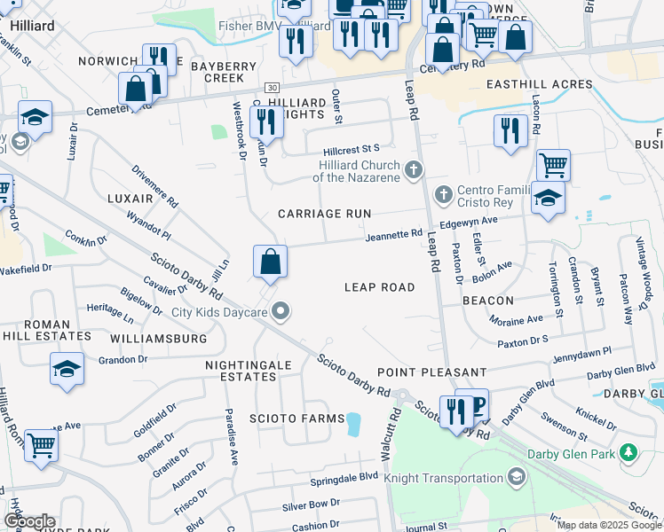 map of restaurants, bars, coffee shops, grocery stores, and more near 4811 Jeannette Road in Hilliard