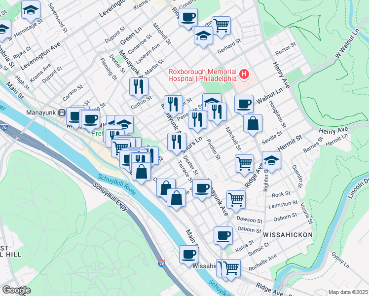 map of restaurants, bars, coffee shops, grocery stores, and more near 210 Shurs Lane in Philadelphia