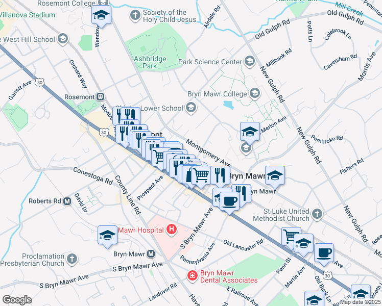 map of restaurants, bars, coffee shops, grocery stores, and more near 922 Montgomery Avenue in Bryn Mawr