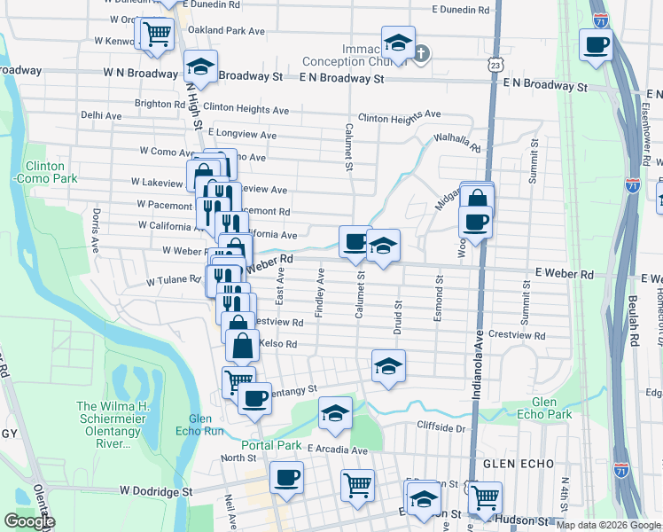 map of restaurants, bars, coffee shops, grocery stores, and more near 191 East Weber Road in Columbus