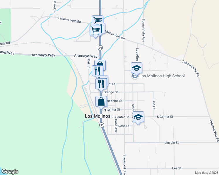 map of restaurants, bars, coffee shops, grocery stores, and more near 7862 Molinos Avenue in Los Molinos
