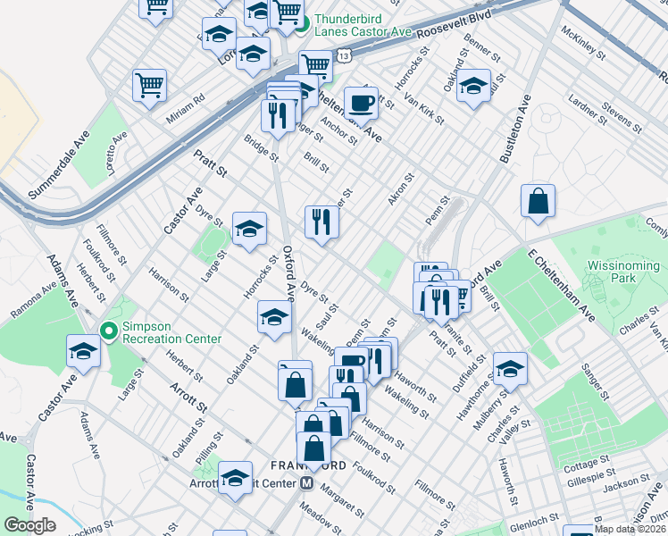 map of restaurants, bars, coffee shops, grocery stores, and more near 5152 Akron Street in Philadelphia