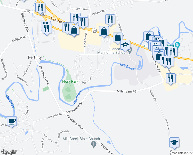 map of restaurants, bars, coffee shops, grocery stores, and more near 448 Garland Circle in Lancaster