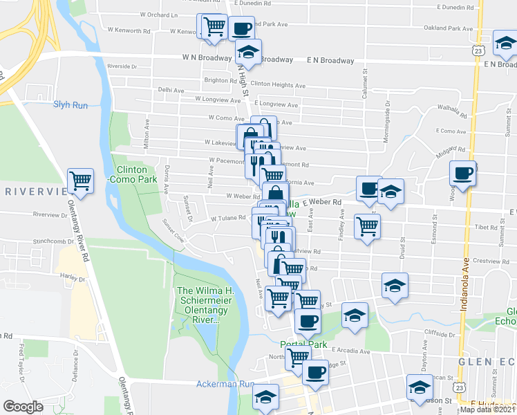 map of restaurants, bars, coffee shops, grocery stores, and more near 16 West Tulane Road in Columbus