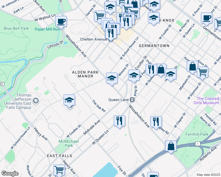 map of restaurants, bars, coffee shops, grocery stores, and more near 5450 Wissahickon Avenue in Philadelphia