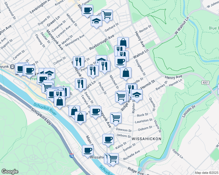 map of restaurants, bars, coffee shops, grocery stores, and more near 430 Markle Street in Philadelphia