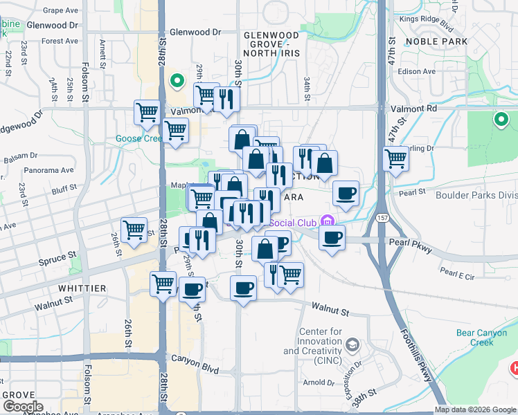 map of restaurants, bars, coffee shops, grocery stores, and more near 2280 Junction Place in Boulder