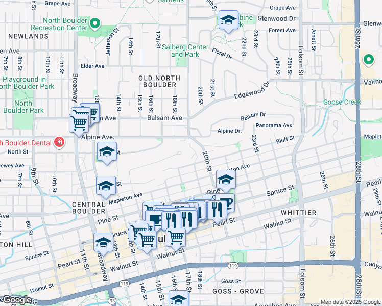 map of restaurants, bars, coffee shops, grocery stores, and more near 1800 Sunset Boulevard in Boulder