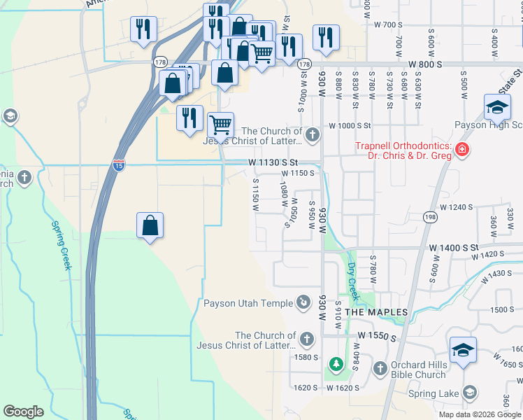 map of restaurants, bars, coffee shops, grocery stores, and more near 1116 W 1290 S in Payson