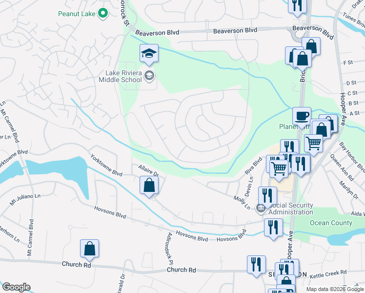 map of restaurants, bars, coffee shops, grocery stores, and more near 161 Lions Head Boulevard South in Brick Township