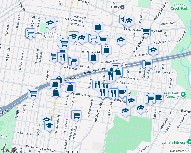 map of restaurants, bars, coffee shops, grocery stores, and more near 4829 North 2nd Street in Philadelphia