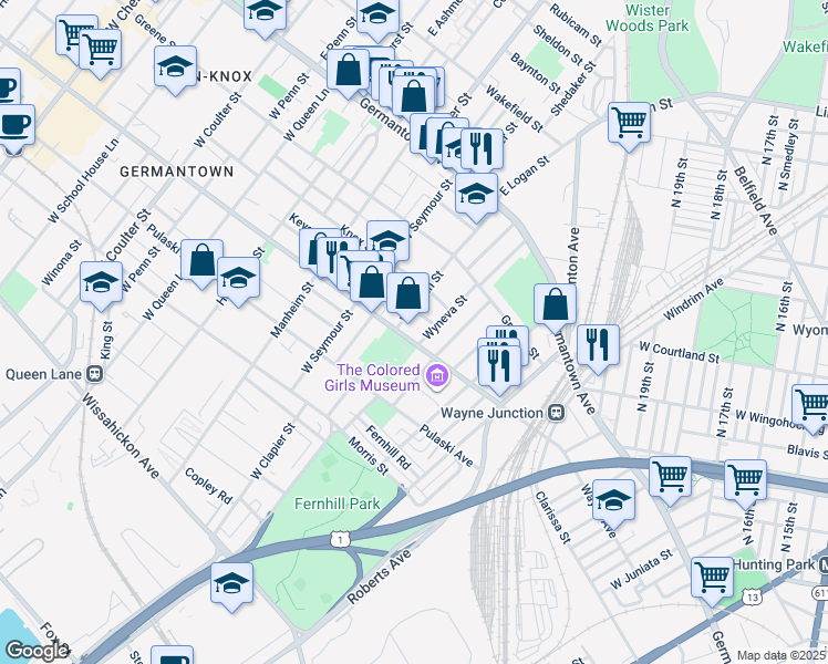 map of restaurants, bars, coffee shops, grocery stores, and more near 177 Wyneva Street in Philadelphia