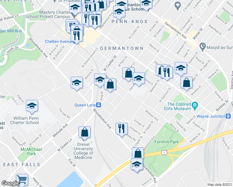 map of restaurants, bars, coffee shops, grocery stores, and more near 427 West Bringhurst Street in Philadelphia