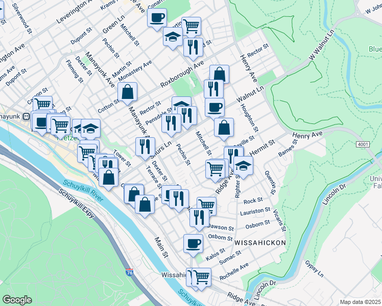 map of restaurants, bars, coffee shops, grocery stores, and more near 411 Naomi Street in Philadelphia