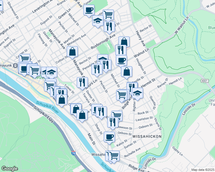 map of restaurants, bars, coffee shops, grocery stores, and more near 409 Naomi Street in Philadelphia