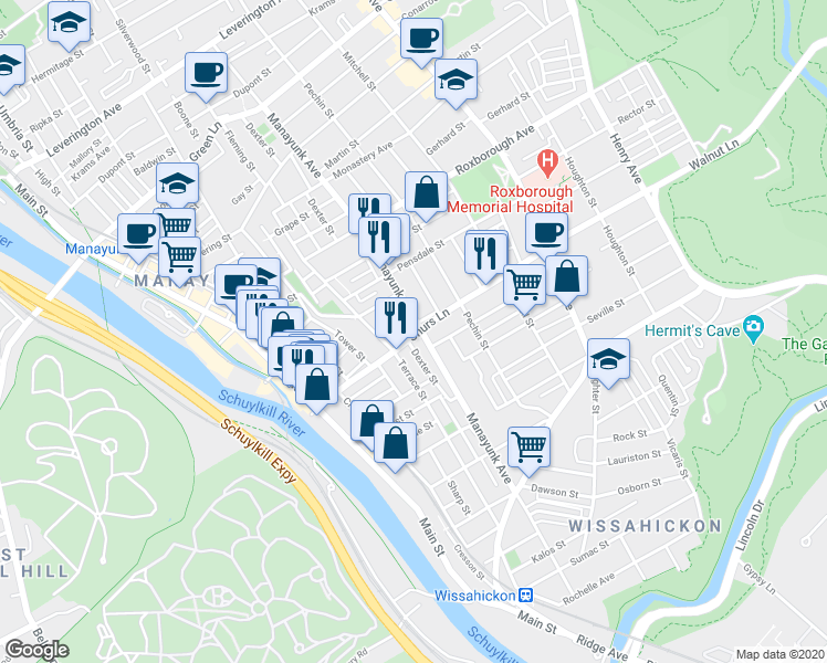 map of restaurants, bars, coffee shops, grocery stores, and more near 210 Shurs Lane in Philadelphia