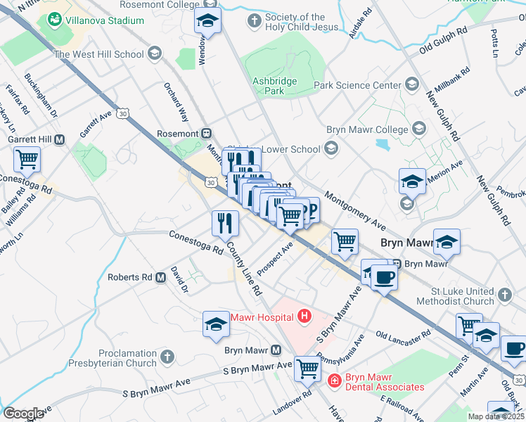 map of restaurants, bars, coffee shops, grocery stores, and more near in Bryn Mawr