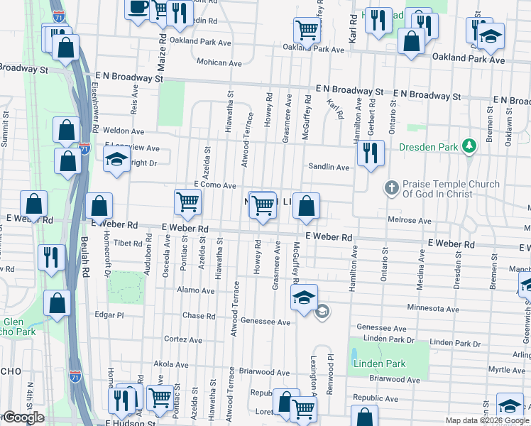 map of restaurants, bars, coffee shops, grocery stores, and more near in Columbus