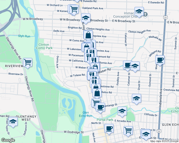 map of restaurants, bars, coffee shops, grocery stores, and more near 16 West Tulane Road in Columbus