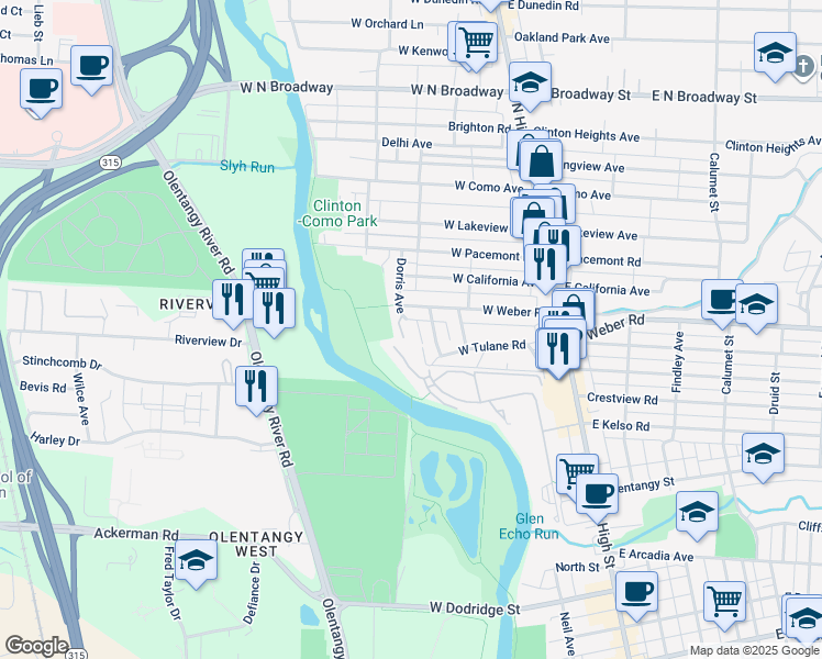 map of restaurants, bars, coffee shops, grocery stores, and more near 3097 Dorris Avenue in Columbus