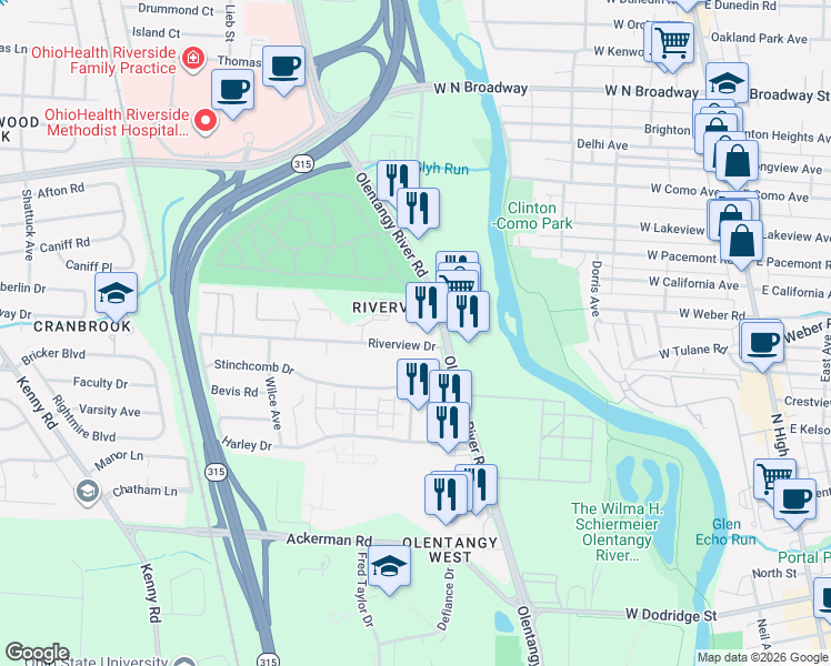 map of restaurants, bars, coffee shops, grocery stores, and more near 554 Riverview Drive in Columbus