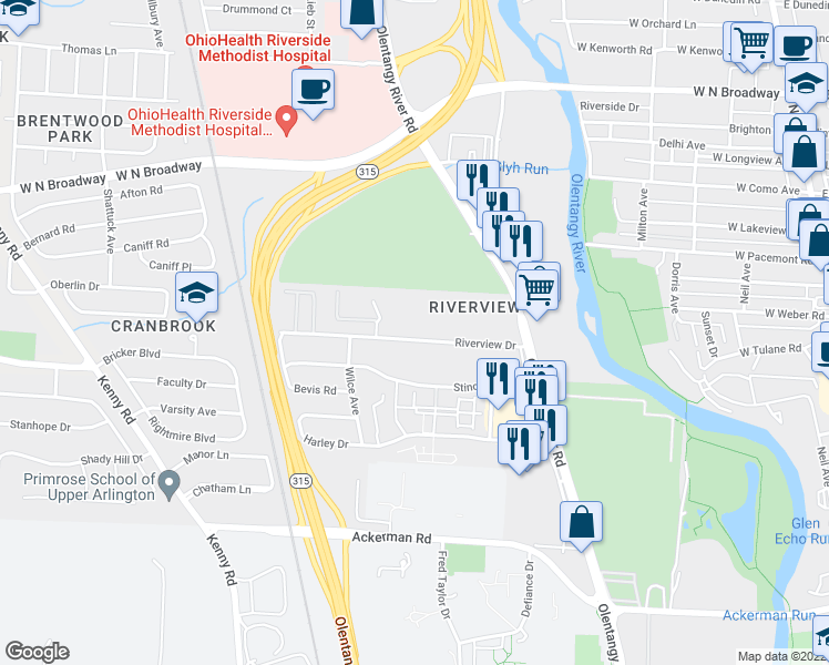 map of restaurants, bars, coffee shops, grocery stores, and more near 654 Riverview Drive in Columbus