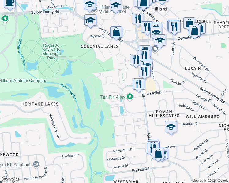 map of restaurants, bars, coffee shops, grocery stores, and more near 5576 Villa Gates Drive in Hilliard