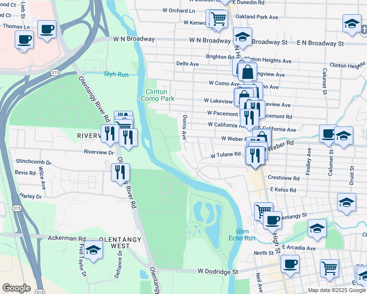 map of restaurants, bars, coffee shops, grocery stores, and more near 3097 Dorris Ave in Columbus