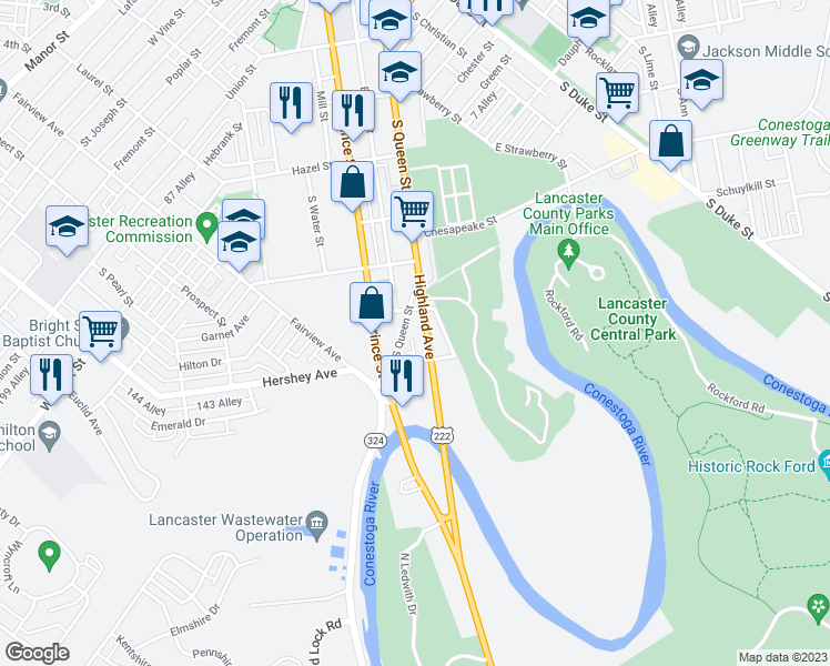 map of restaurants, bars, coffee shops, grocery stores, and more near 820 Pennsylvania 272 in Lancaster