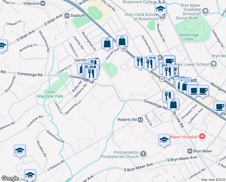 map of restaurants, bars, coffee shops, grocery stores, and more near 946 Conestoga Road in Bryn Mawr