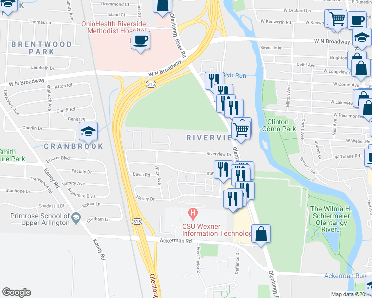 map of restaurants, bars, coffee shops, grocery stores, and more near 620 Riverview Drive in Columbus