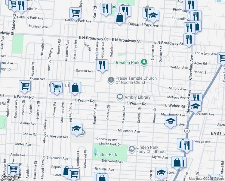 map of restaurants, bars, coffee shops, grocery stores, and more near 1358 Melrose Avenue in Columbus