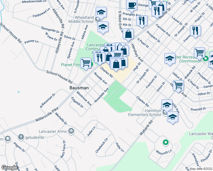 map of restaurants, bars, coffee shops, grocery stores, and more near 136 Roselle Avenue in Lancaster