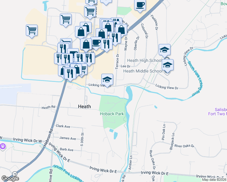 map of restaurants, bars, coffee shops, grocery stores, and more near 81 Licking View Drive in Heath