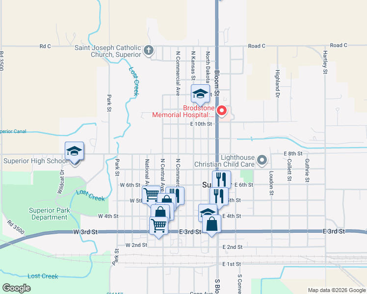 map of restaurants, bars, coffee shops, grocery stores, and more near 836 North Commercial Avenue in Superior