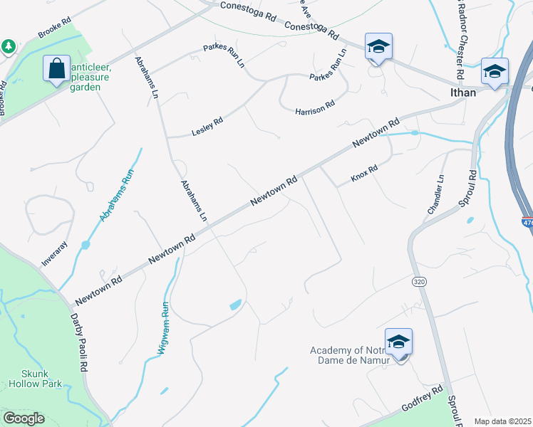 map of restaurants, bars, coffee shops, grocery stores, and more near 12 Ivy Lane in Villanova