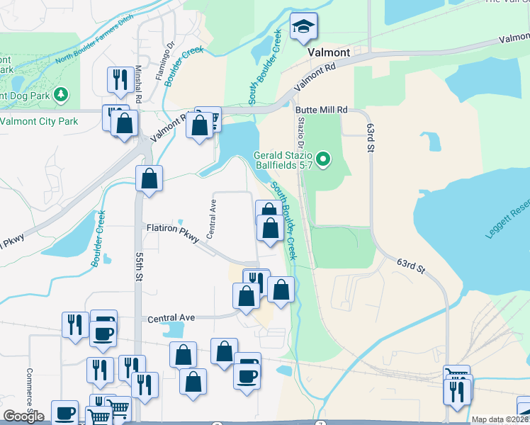 map of restaurants, bars, coffee shops, grocery stores, and more near 2500 Central Avenue in Boulder