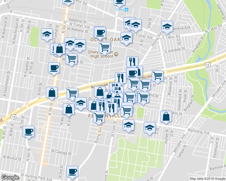 map of restaurants, bars, coffee shops, grocery stores, and more near 4855 North Howard Street in Philadelphia