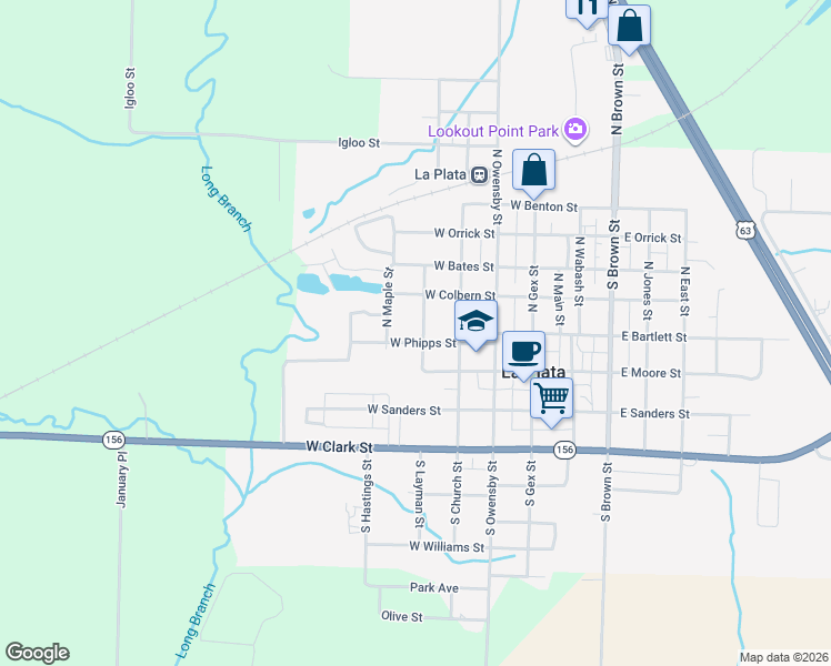 map of restaurants, bars, coffee shops, grocery stores, and more near 401 West Phipps Street in La Plata
