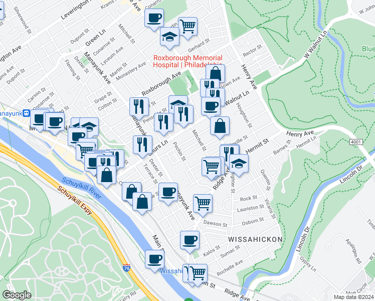 map of restaurants, bars, coffee shops, grocery stores, and more near 411 Naomi Street in Philadelphia