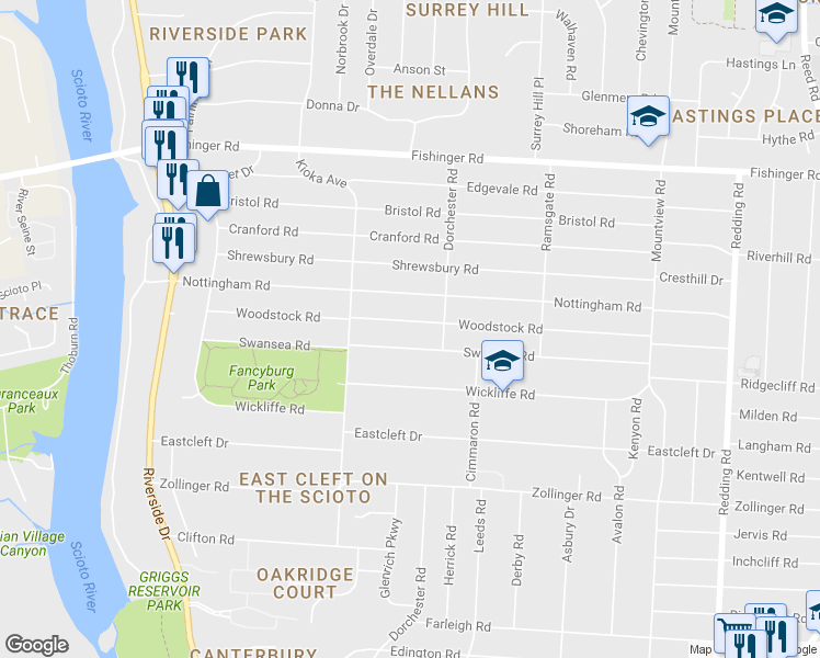 map of restaurants, bars, coffee shops, grocery stores, and more near 2529 Woodstock Road in Columbus
