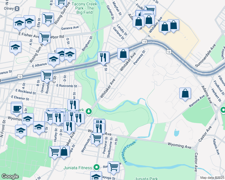 map of restaurants, bars, coffee shops, grocery stores, and more near 4994 Pennway Street in Philadelphia